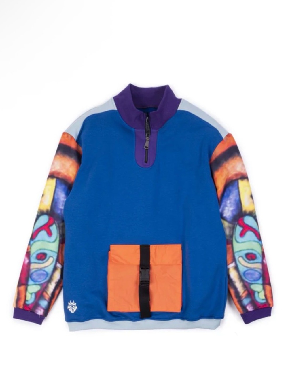 Sacer Blue Pullover with Colorful Sleeve Art & Orange Pocket & plain black